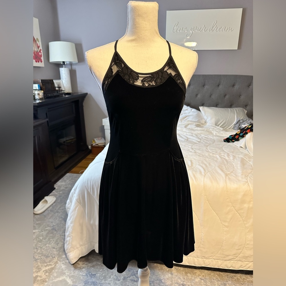 Free People Black Velvet Halter Fit and Flare Dress